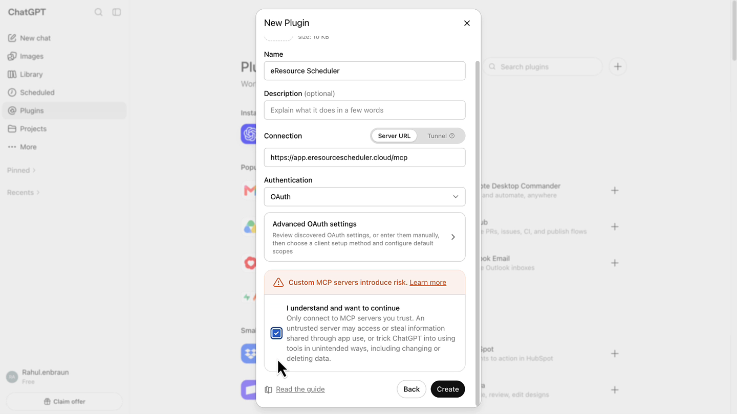 New Plugin form filled in with the eRS name, server URL and OAuth