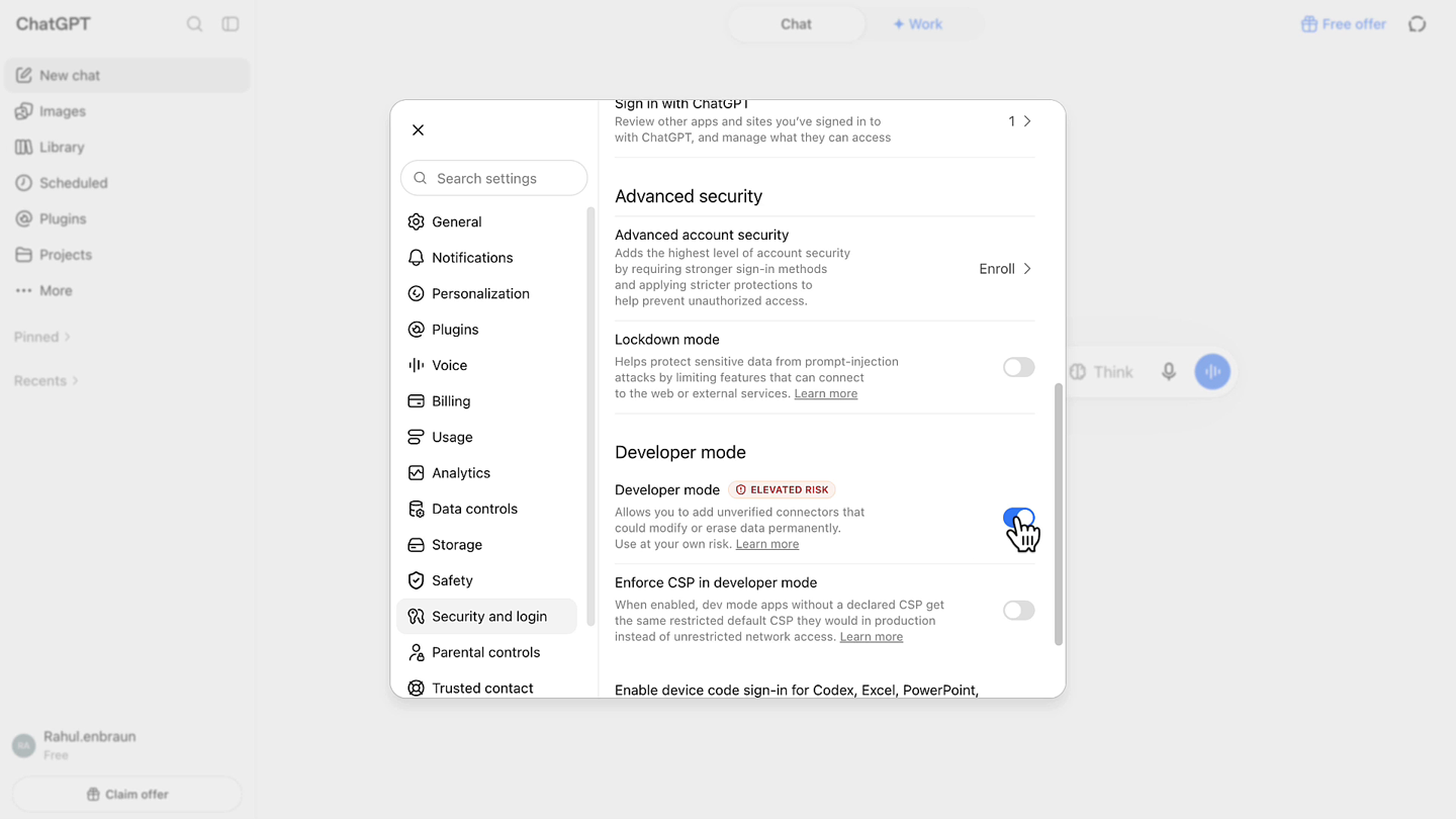 ChatGPT Security and login settings with Developer mode switched on