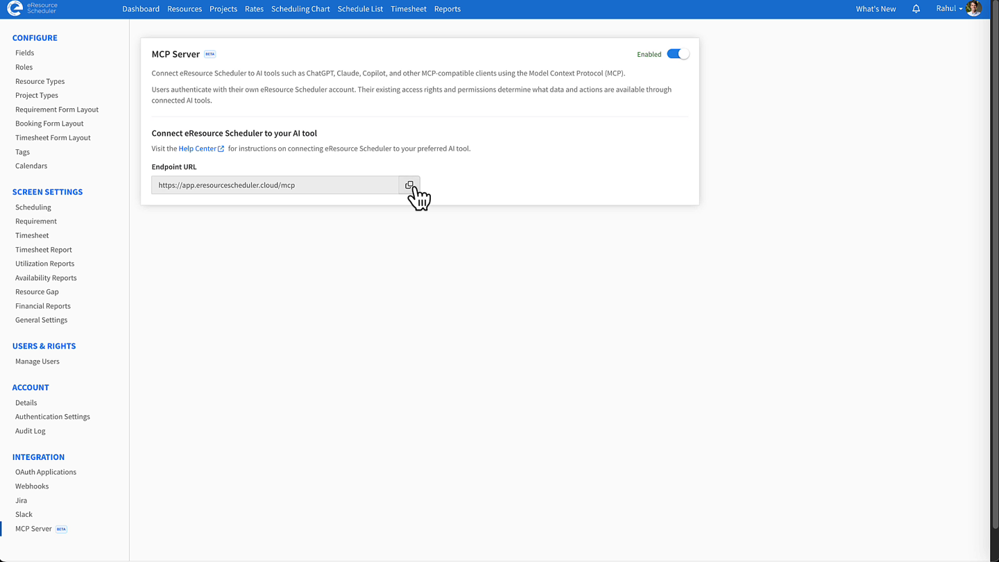 MCP Server enabled, with the endpoint URL and copy button