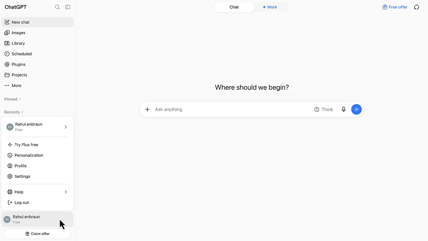 ChatGPT account menu with Settings option