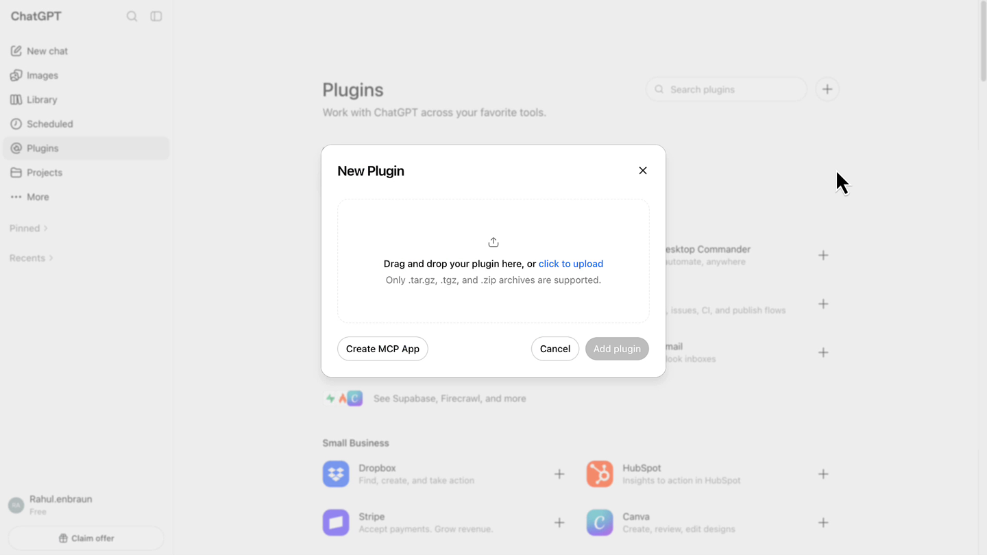 New Plugin window with the Create MCP App button