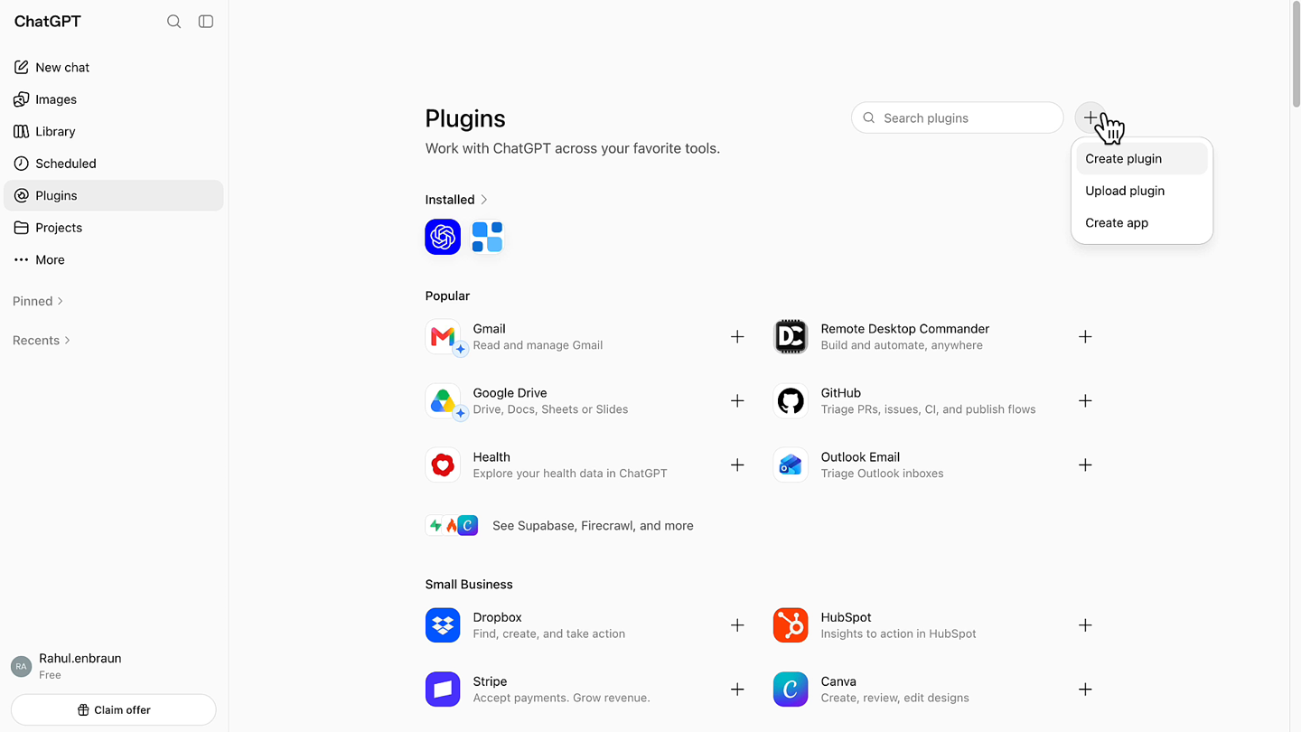 ChatGPT Plugins page with Create plugin highlighted