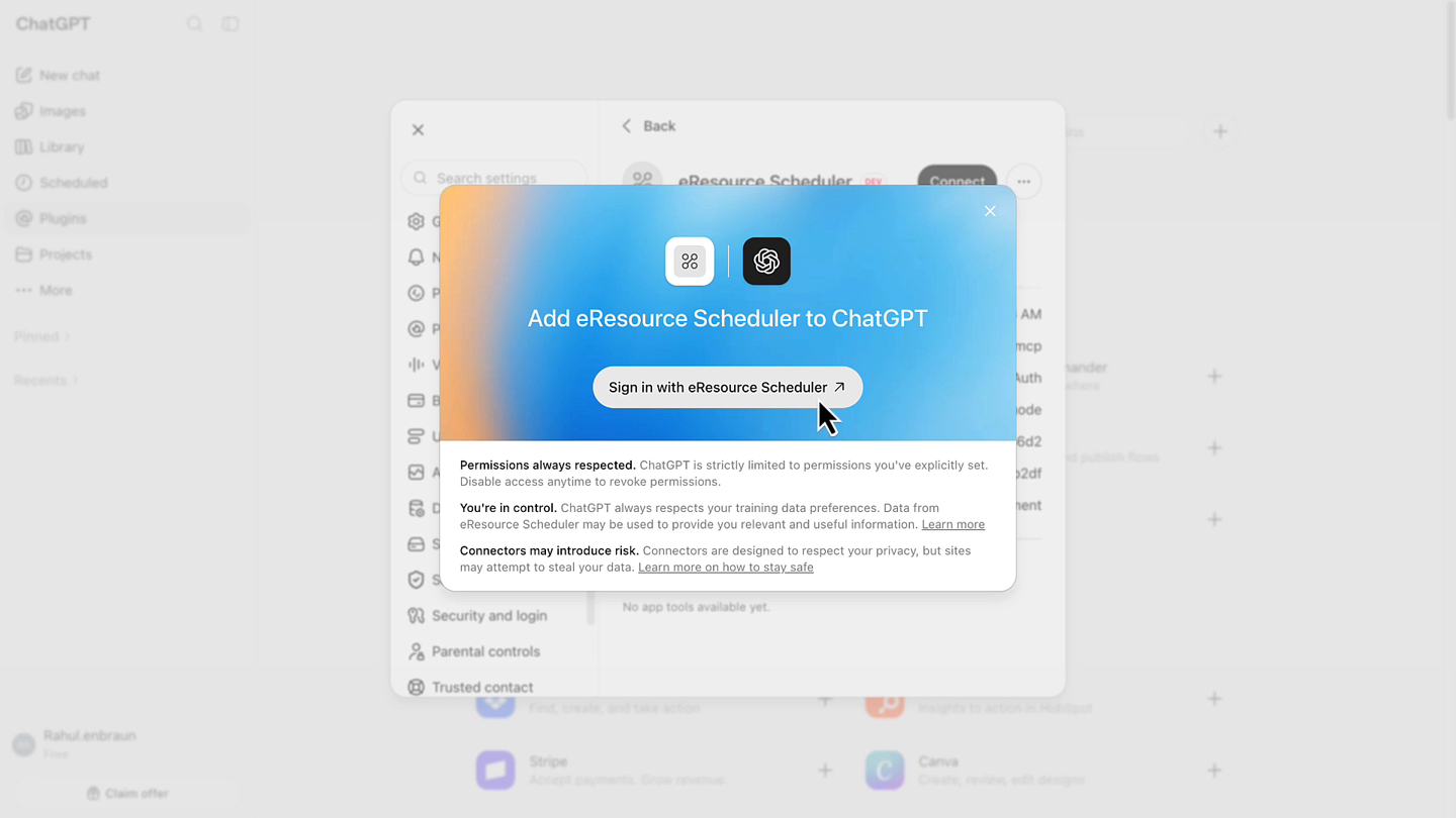 Add eResource Scheduler to ChatGPT prompt with the sign-in button