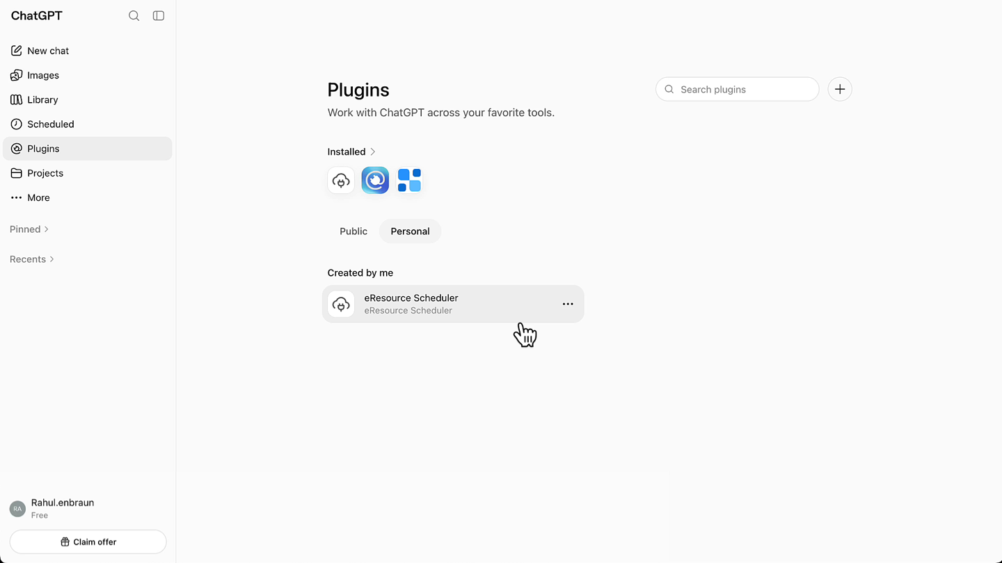 ChatGPT Plugins page showing eResource Scheduler under Created by me