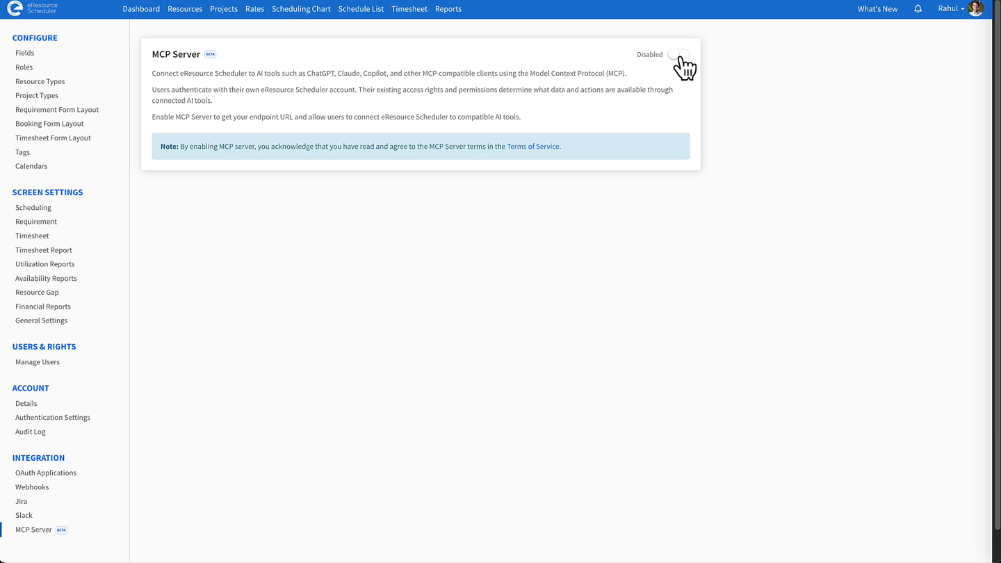 MCP Server page with the toggle set to Disabled