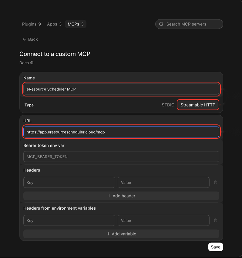 Connect to a custom MCP form with the name, type and URL highlighted