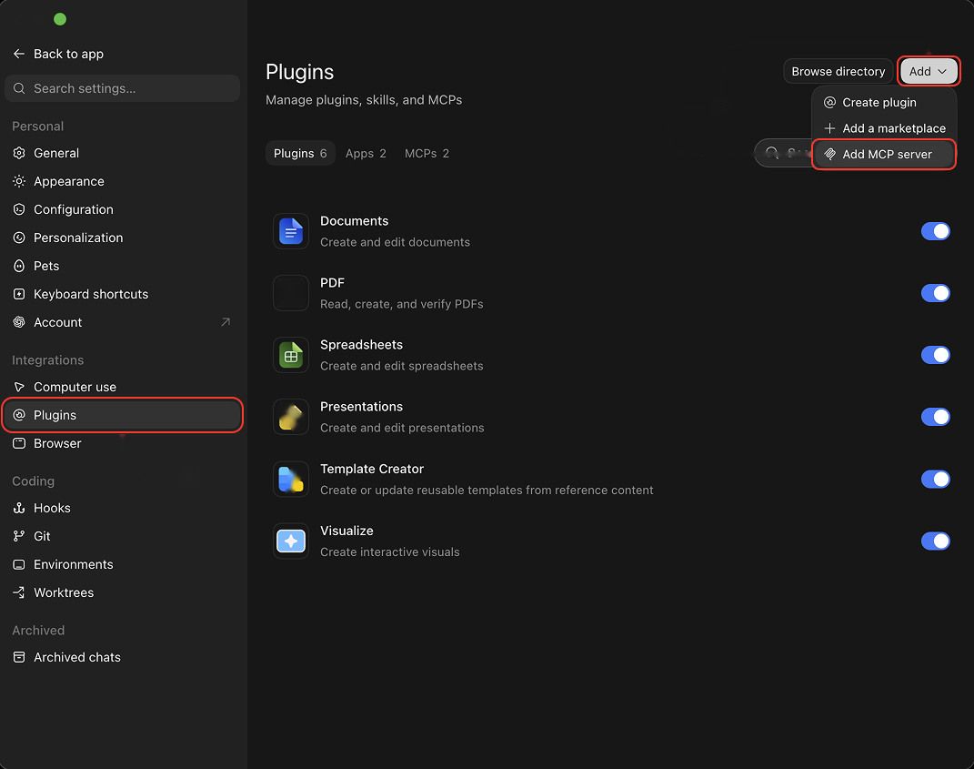 ChatGPT desktop Plugins settings with Add MCP server highlighted