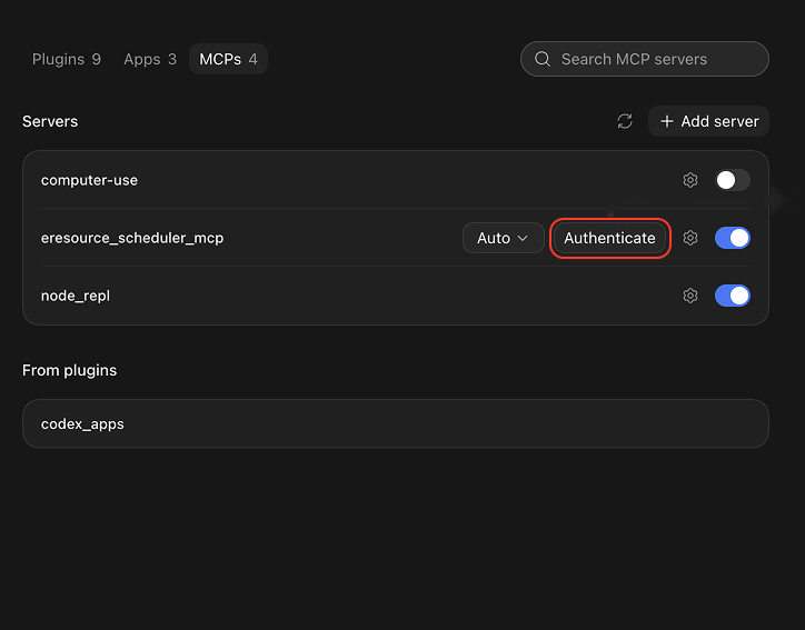 MCP servers list with the Authenticate button highlighted