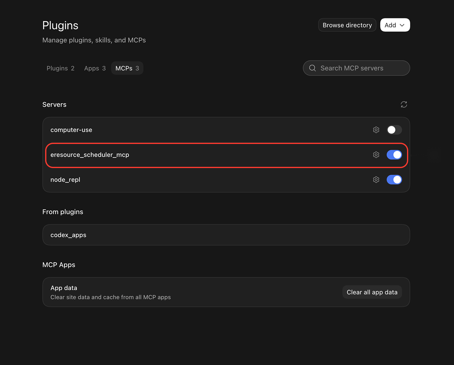 MCP servers list with eresource_scheduler_mcp switched on