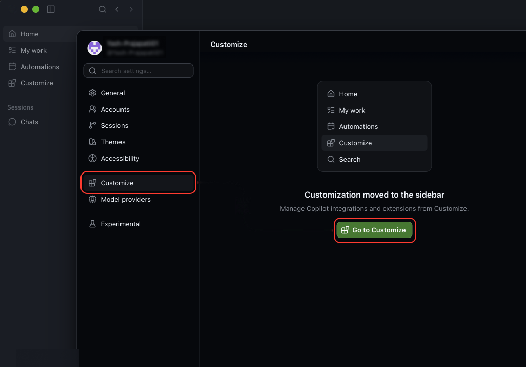 Settings with Customize and Go to Customize highlighted