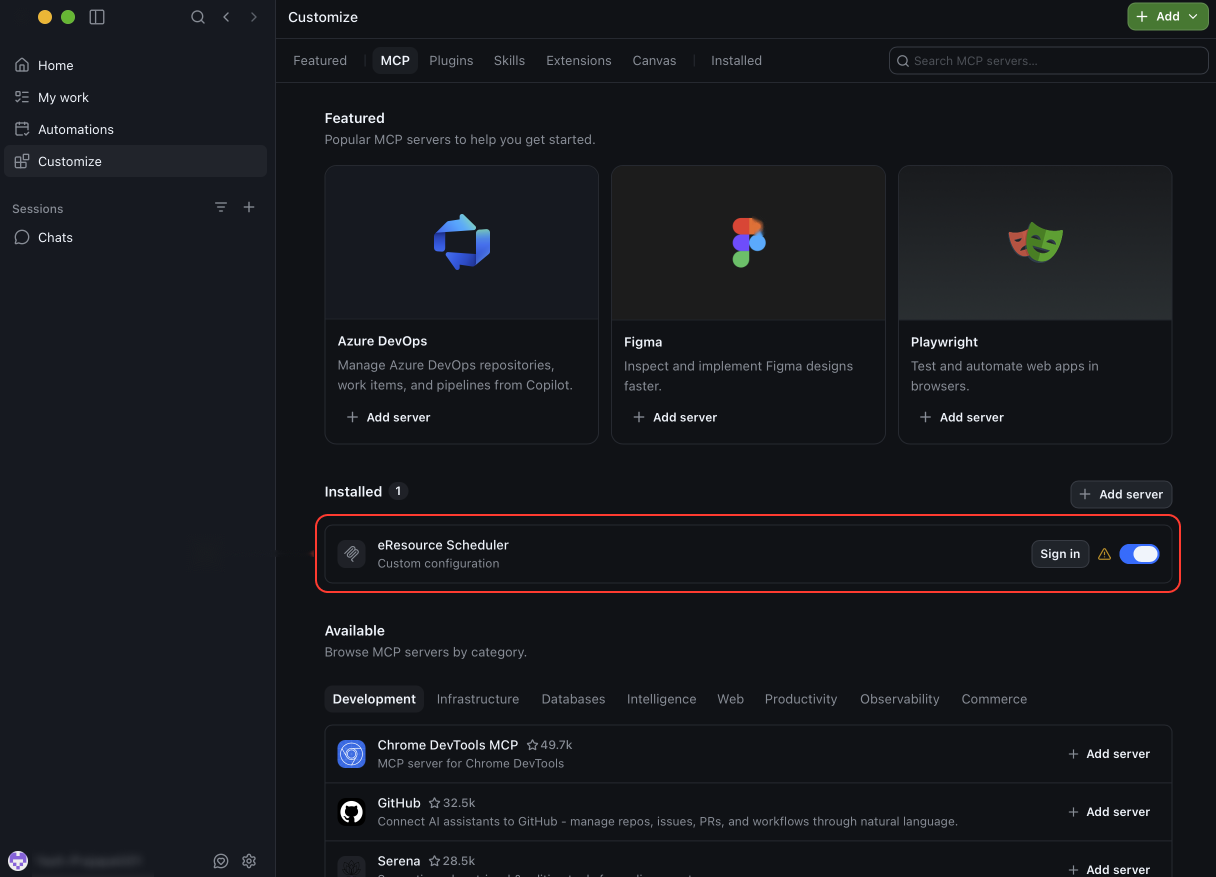 Installed MCP servers with eResource Scheduler and the Sign in button