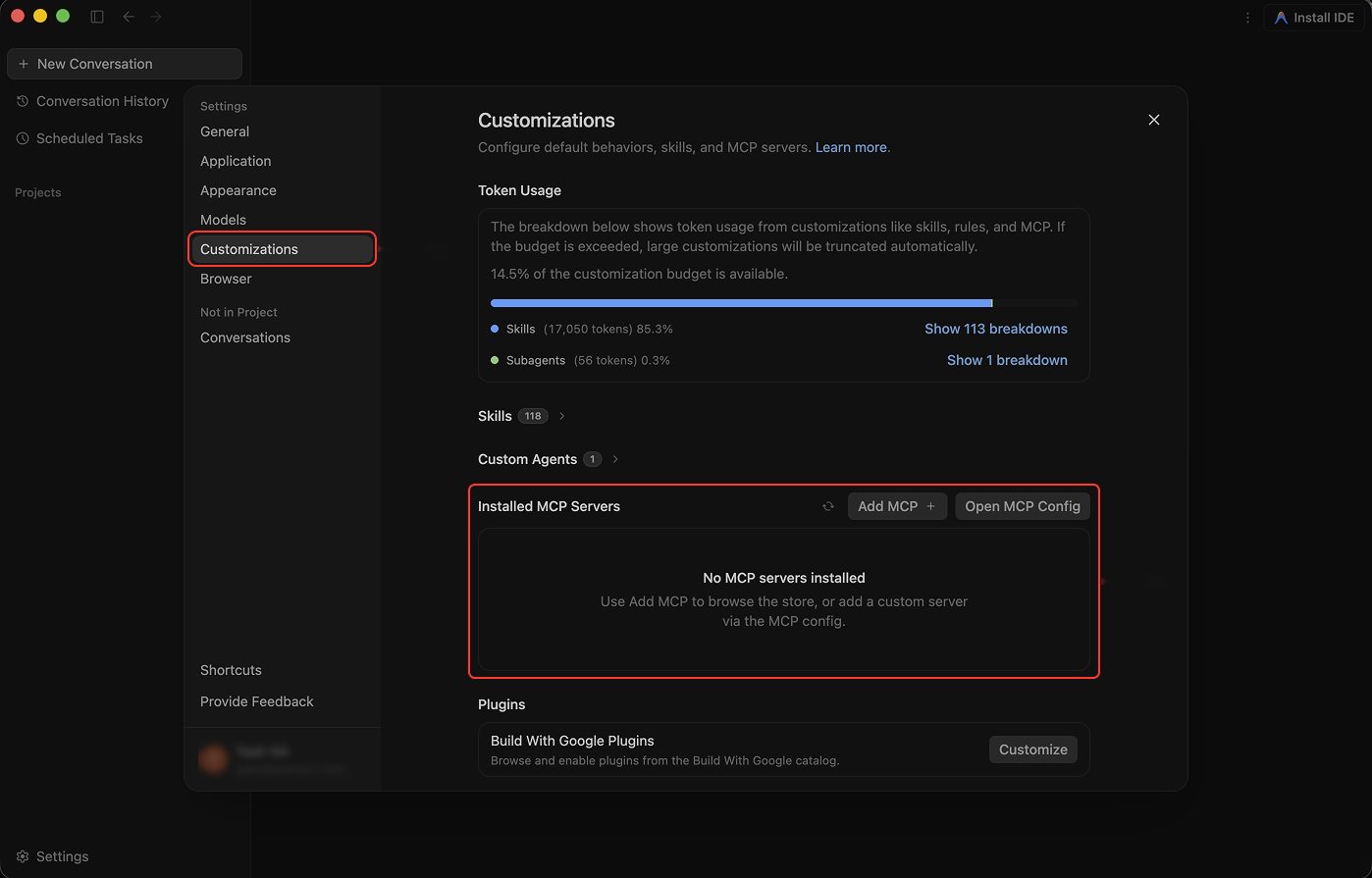 Customizations with Installed MCP Servers and Open MCP Config highlighted