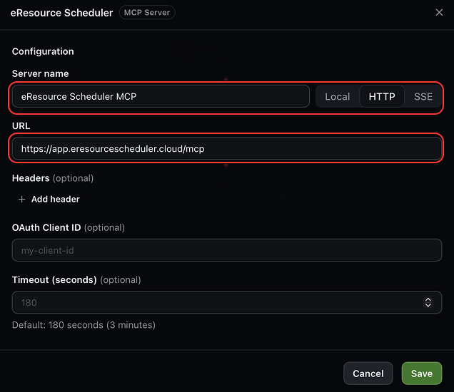 MCP server configuration with the name, HTTP type and URL highlighted