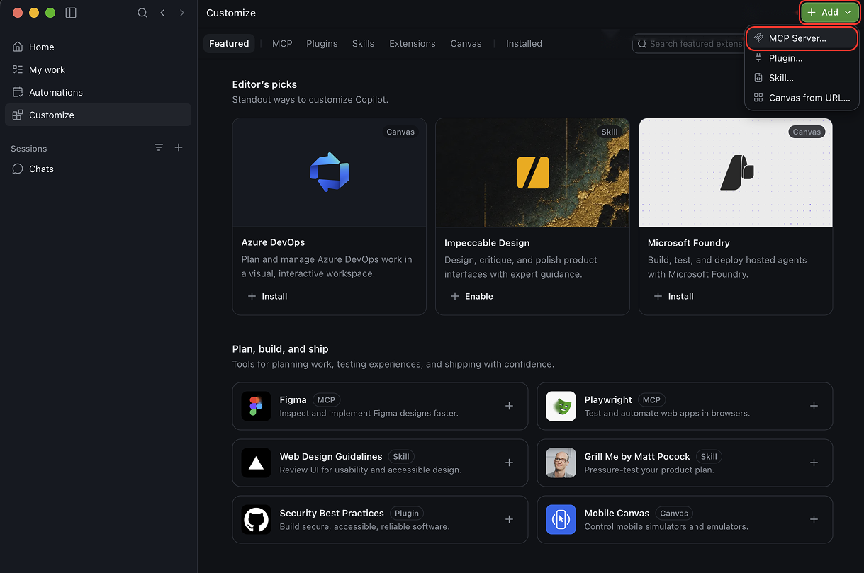 Customize page with Add and MCP Server highlighted