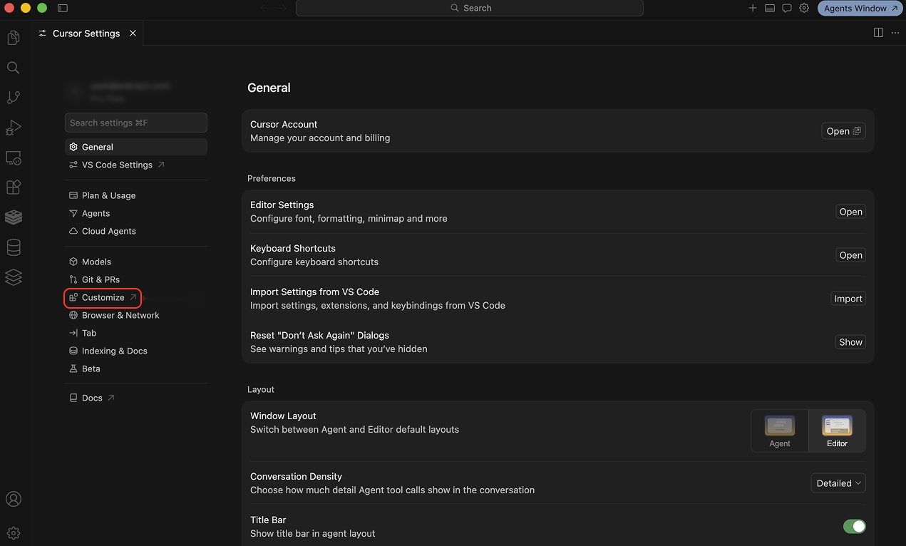 Cursor Settings with Customize highlighted