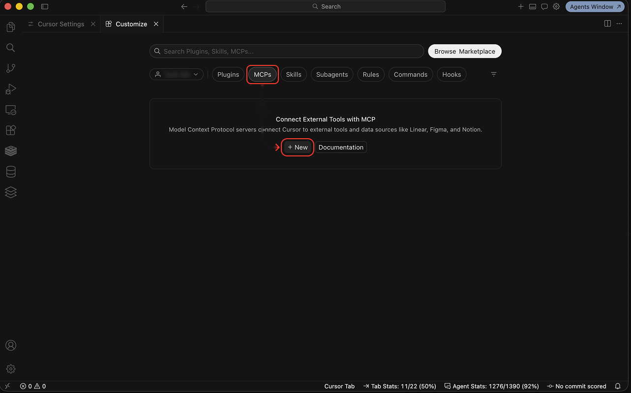 Cursor MCPs tab with the New button highlighted