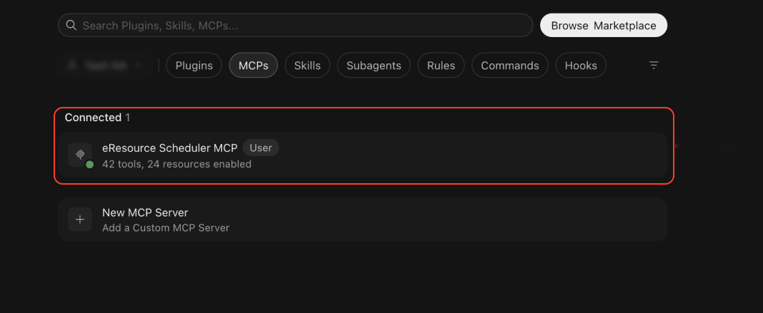 eResource Scheduler MCP shown as connected