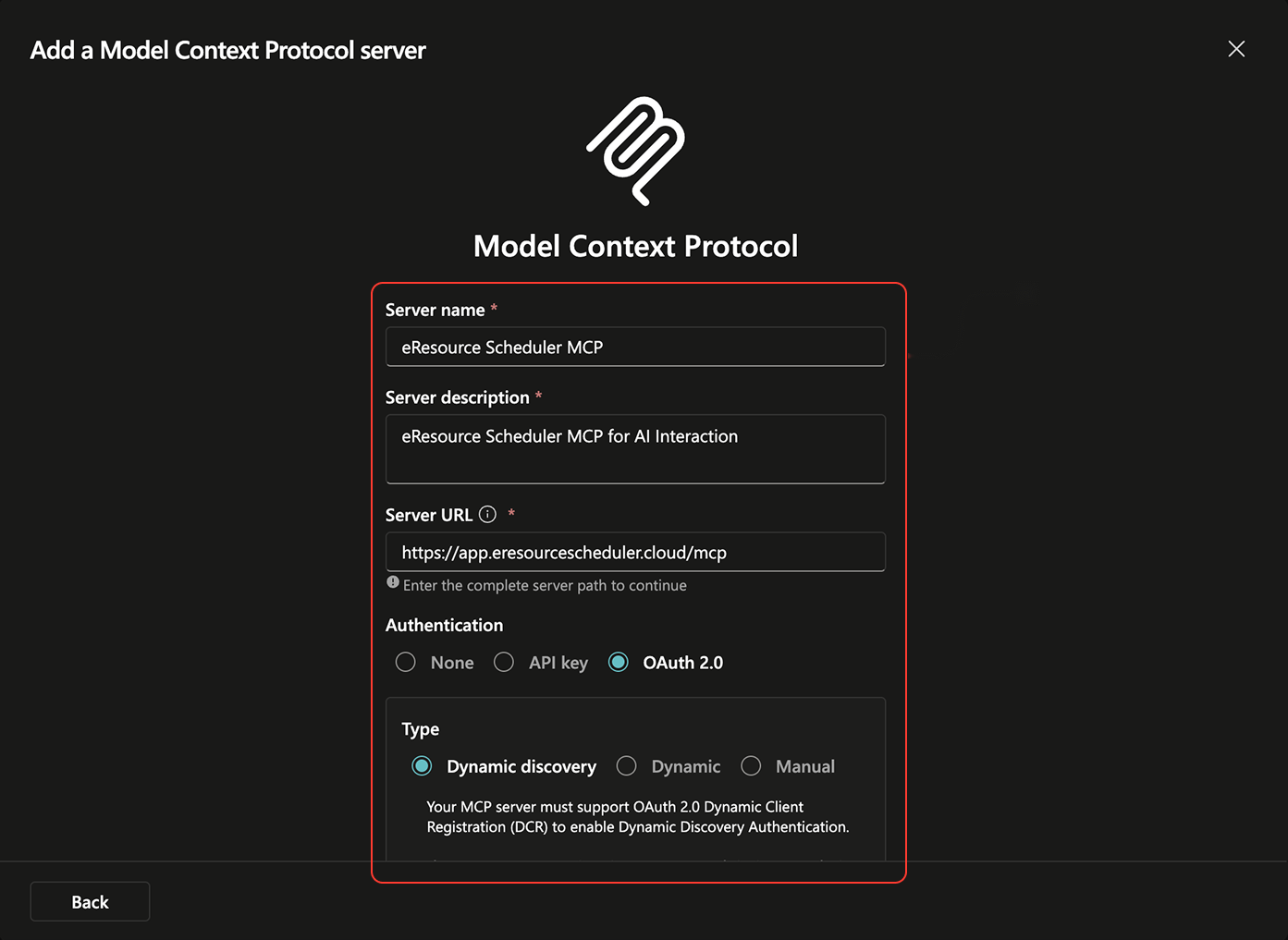 Add a Model Context Protocol server form with the eRS details