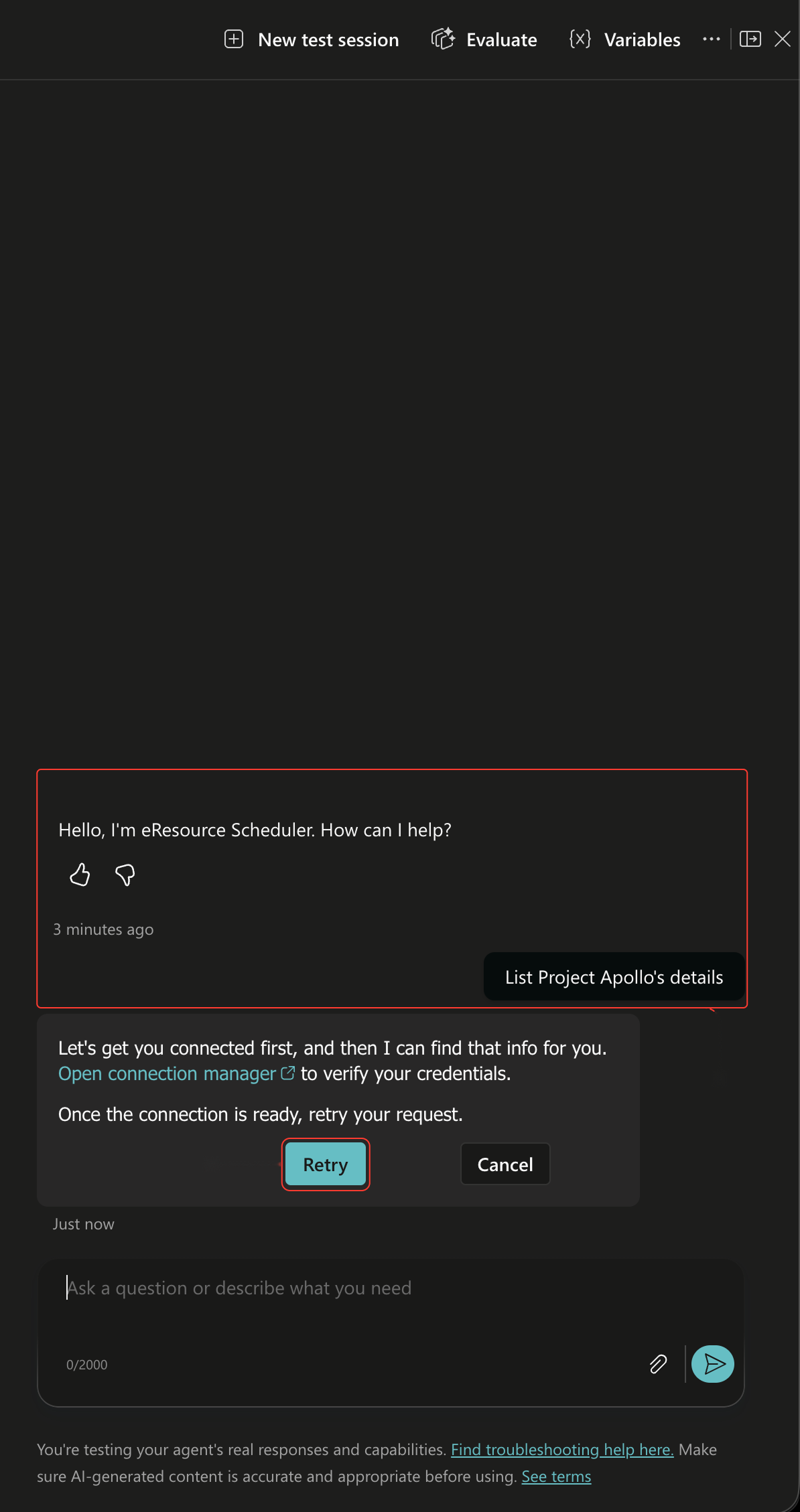 Test pane with Open connection manager and Retry