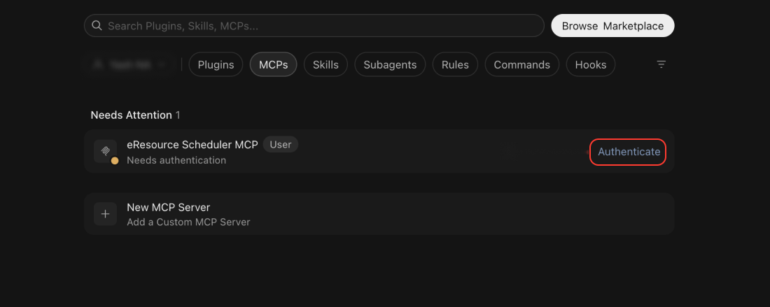 eResource Scheduler MCP with the Authenticate button highlighted