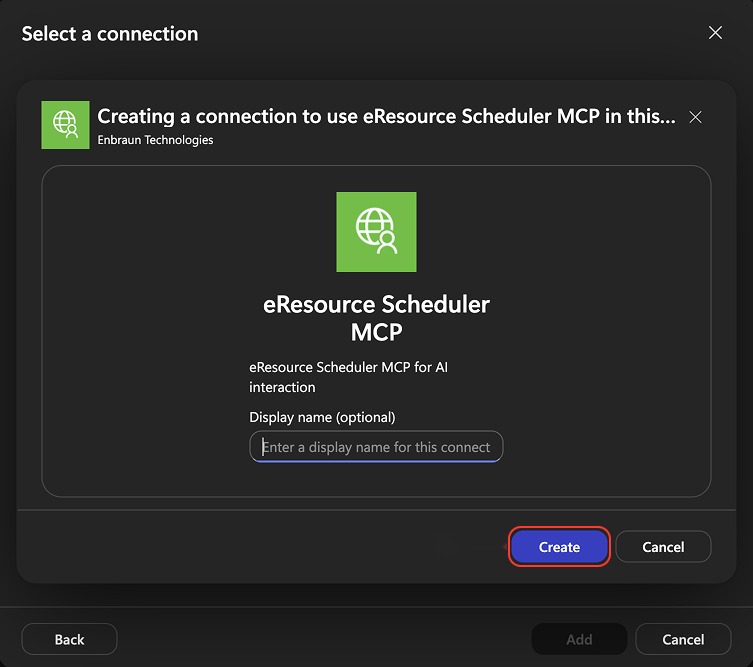 Creating a connection with the Create button highlighted