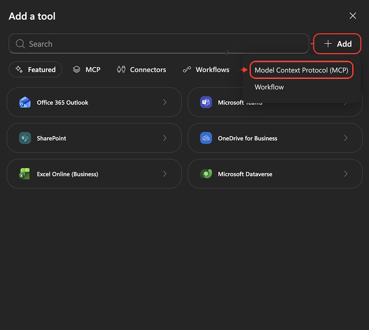 Add a tool with Model Context Protocol (MCP) highlighted