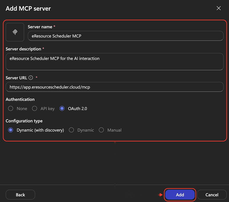 Add MCP server form with the eRS details