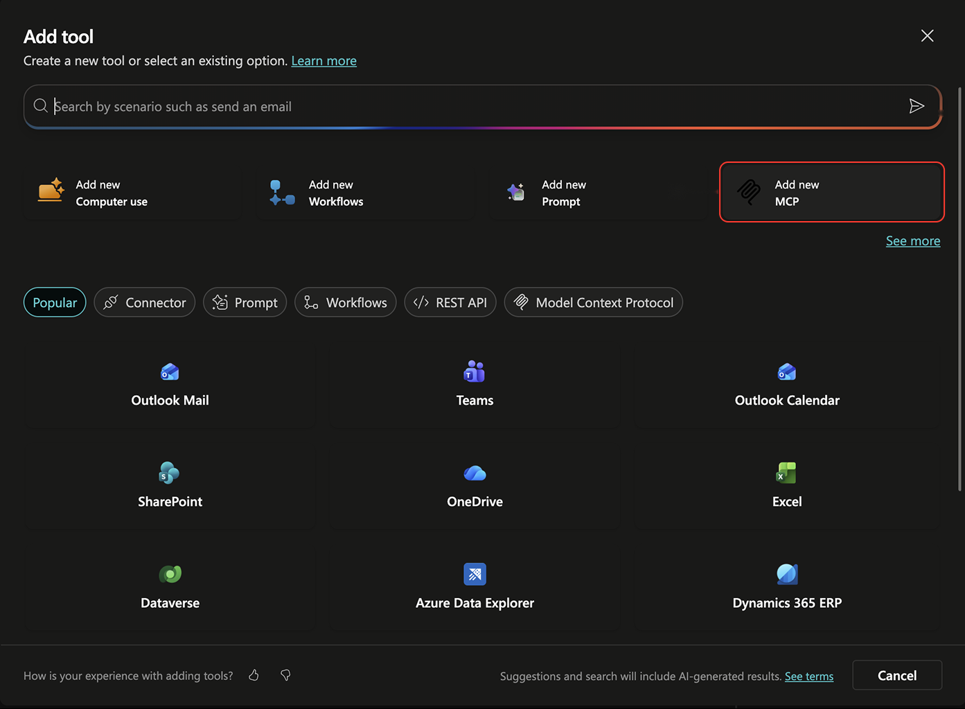 Add tool with Add new MCP highlighted