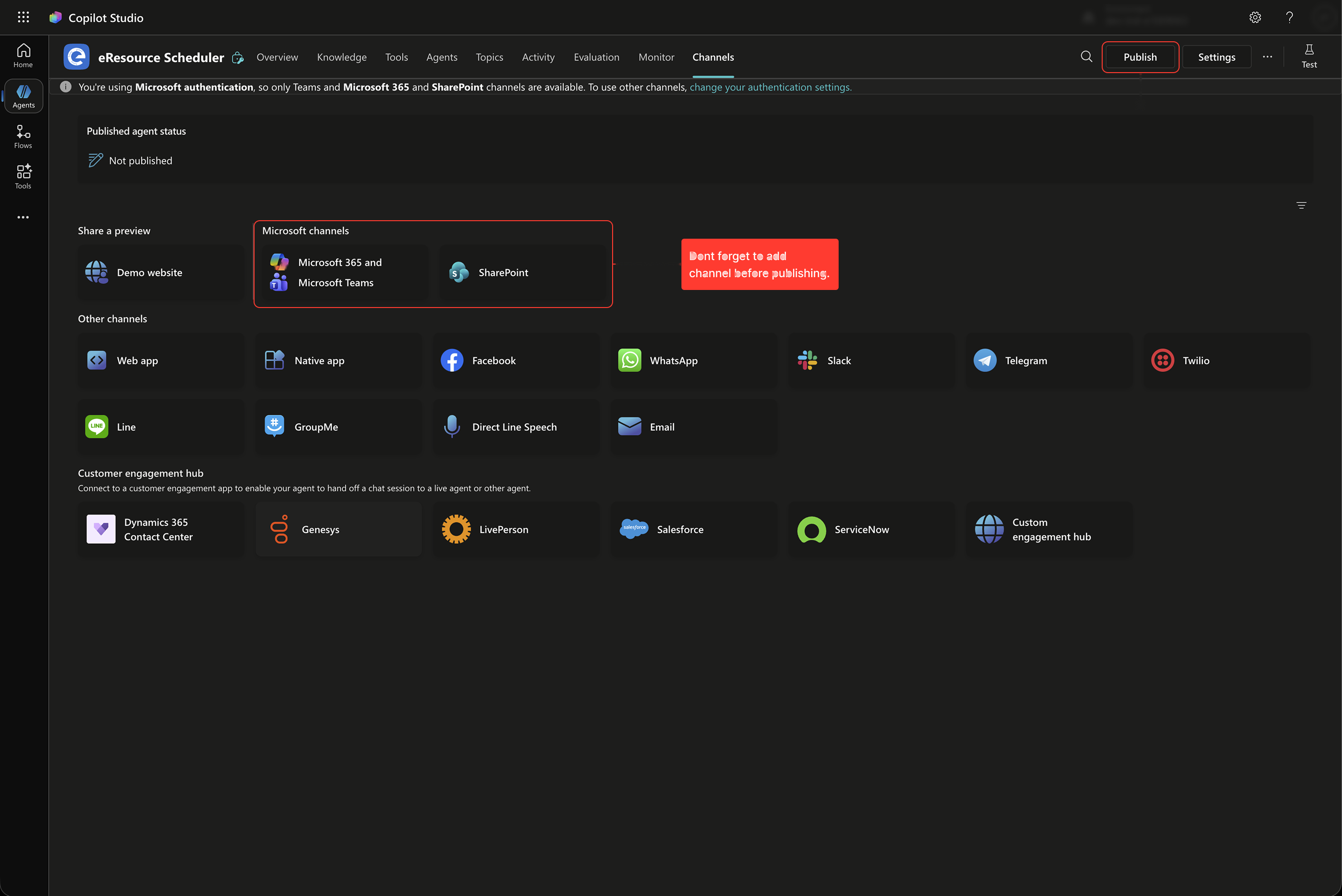 Channels page with Microsoft channels and Publish highlighted