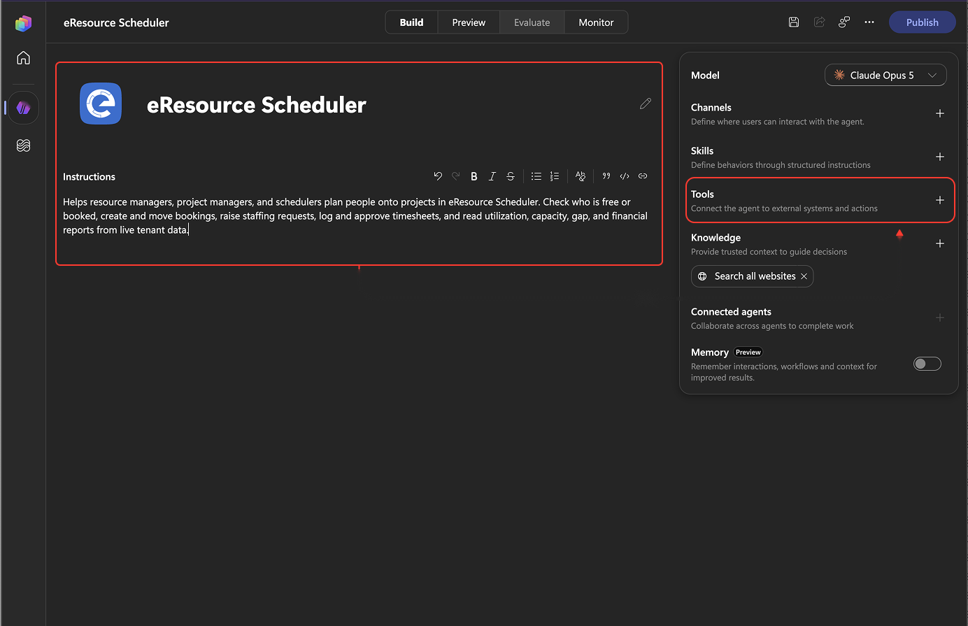 Agent details with instructions and Tools highlighted