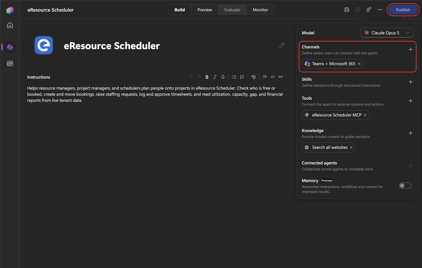 Channels with Teams + Microsoft 365 and the Publish button highlighted