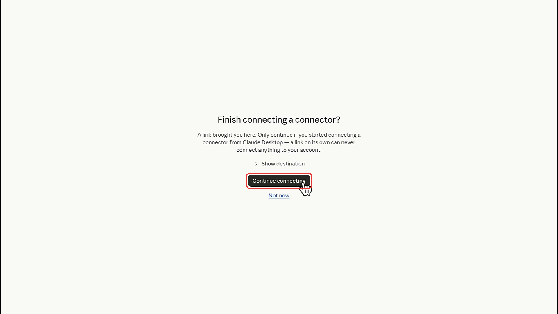 Finish connecting a connector prompt with Continue connecting highlighted