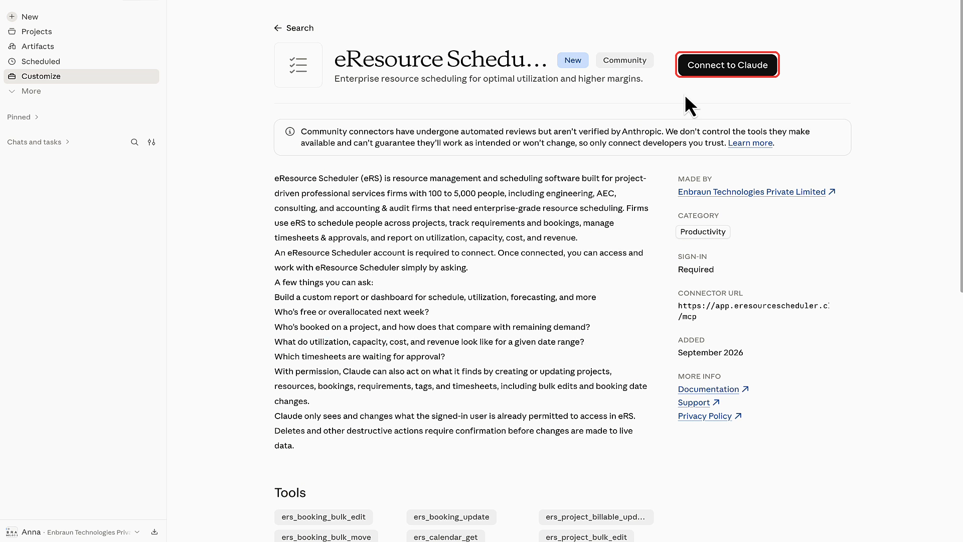 eResource Scheduler connector page with Connect to Claude highlighted