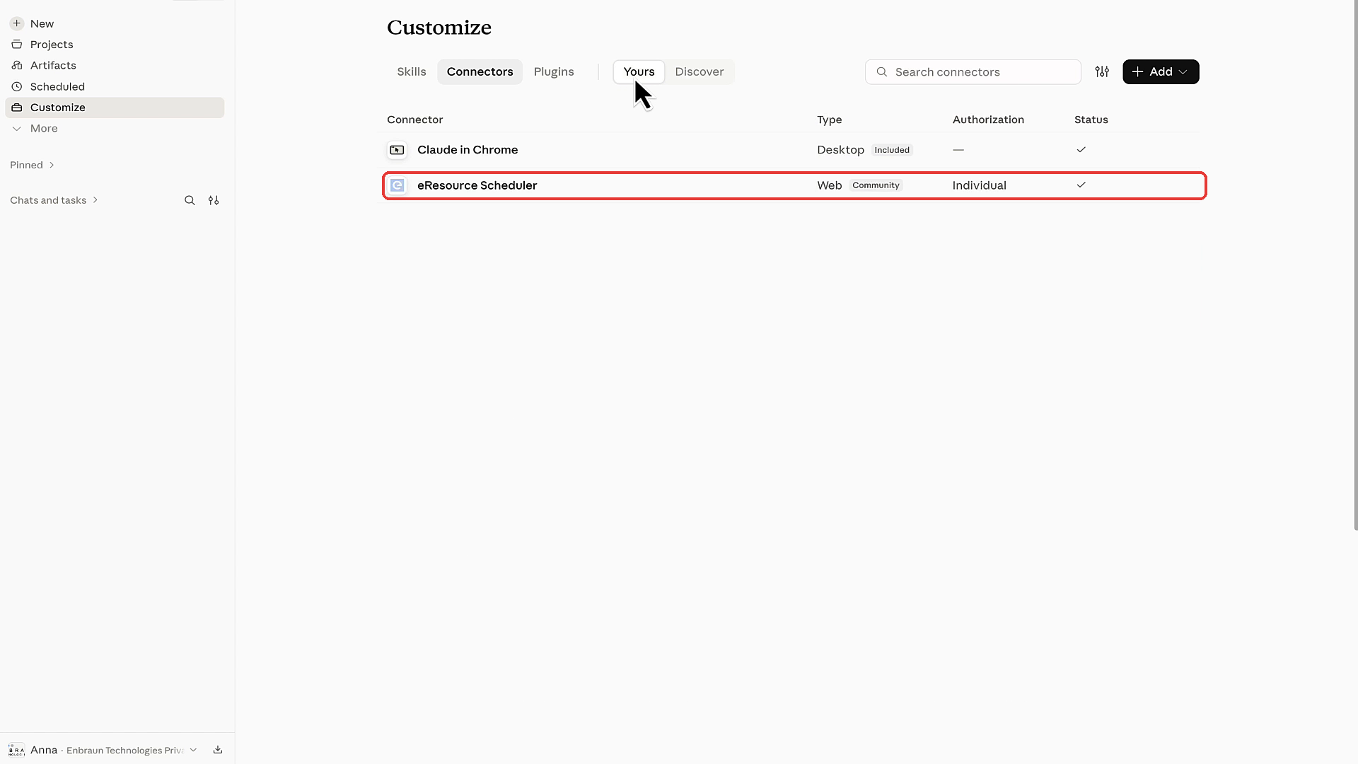 Your connectors list with eResource Scheduler connected