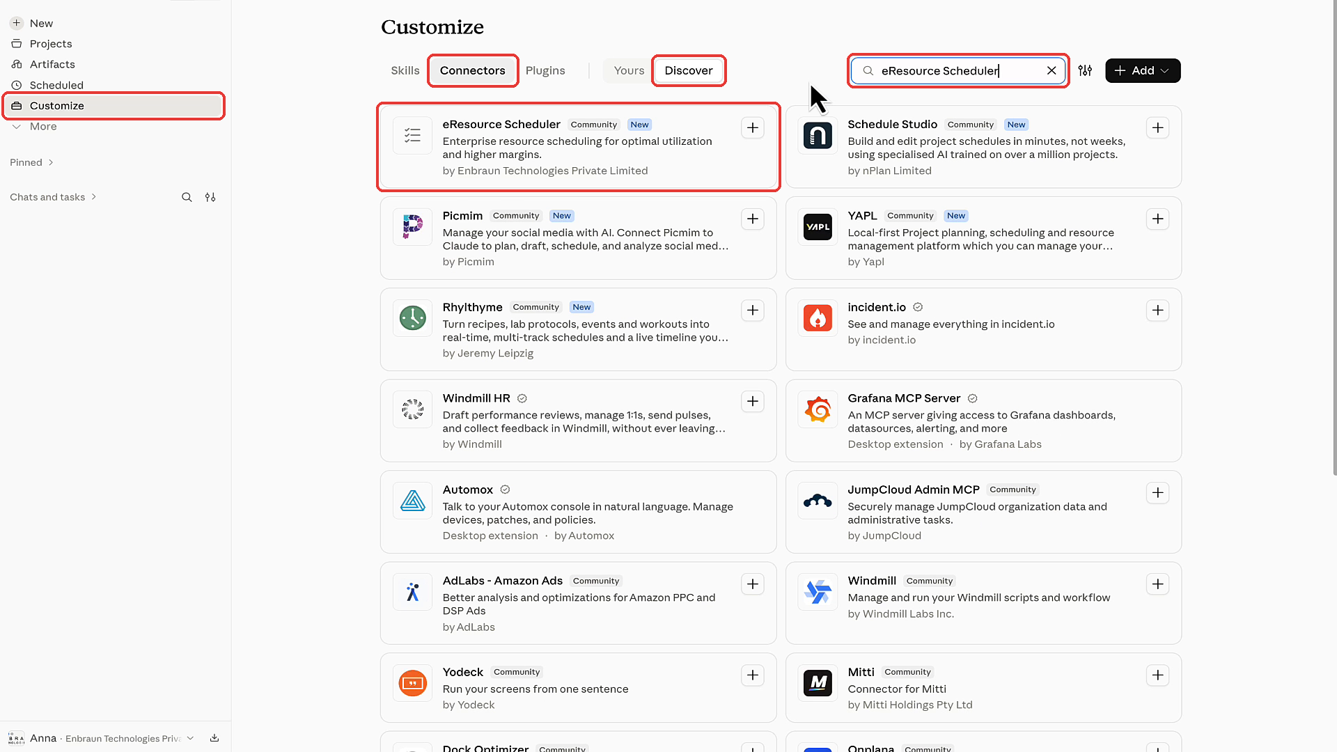 Customize, Connectors, Discover and the eResource Scheduler search result highlighted
