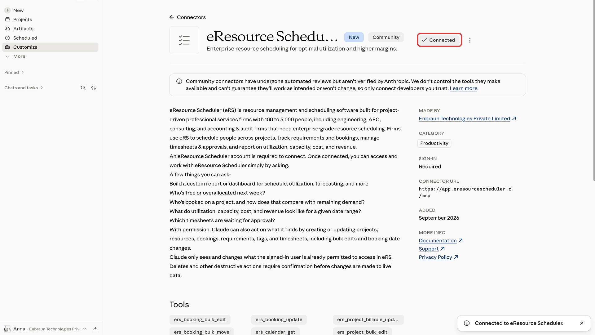 eResource Scheduler connector page showing Connected